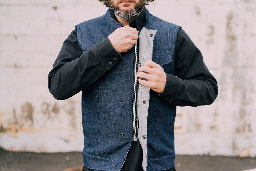 Kershaw Denim Motorcycle Vest in Blue, featuring a mandarin collar and multiple pockets for storage.