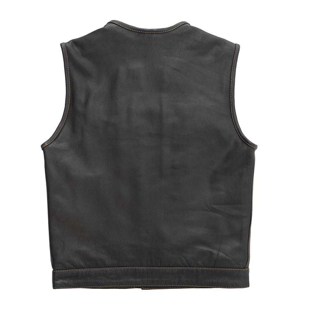 Knight Men's Club Style Leather Vest featuring diamond naked cowhide, gold paisley lining, and multiple pockets for functionality.