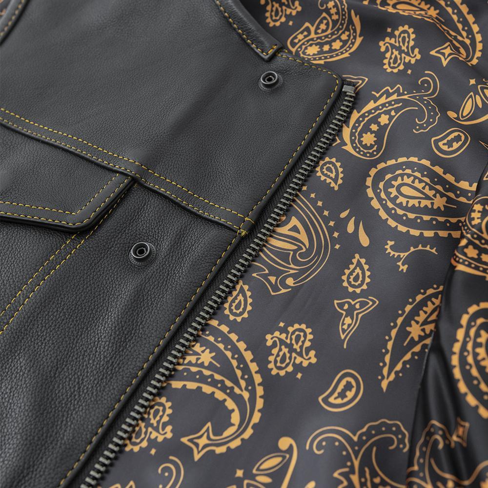 Knight Men's Club Style Leather Vest featuring diamond naked cowhide, gold paisley lining, and multiple pockets for functionality.