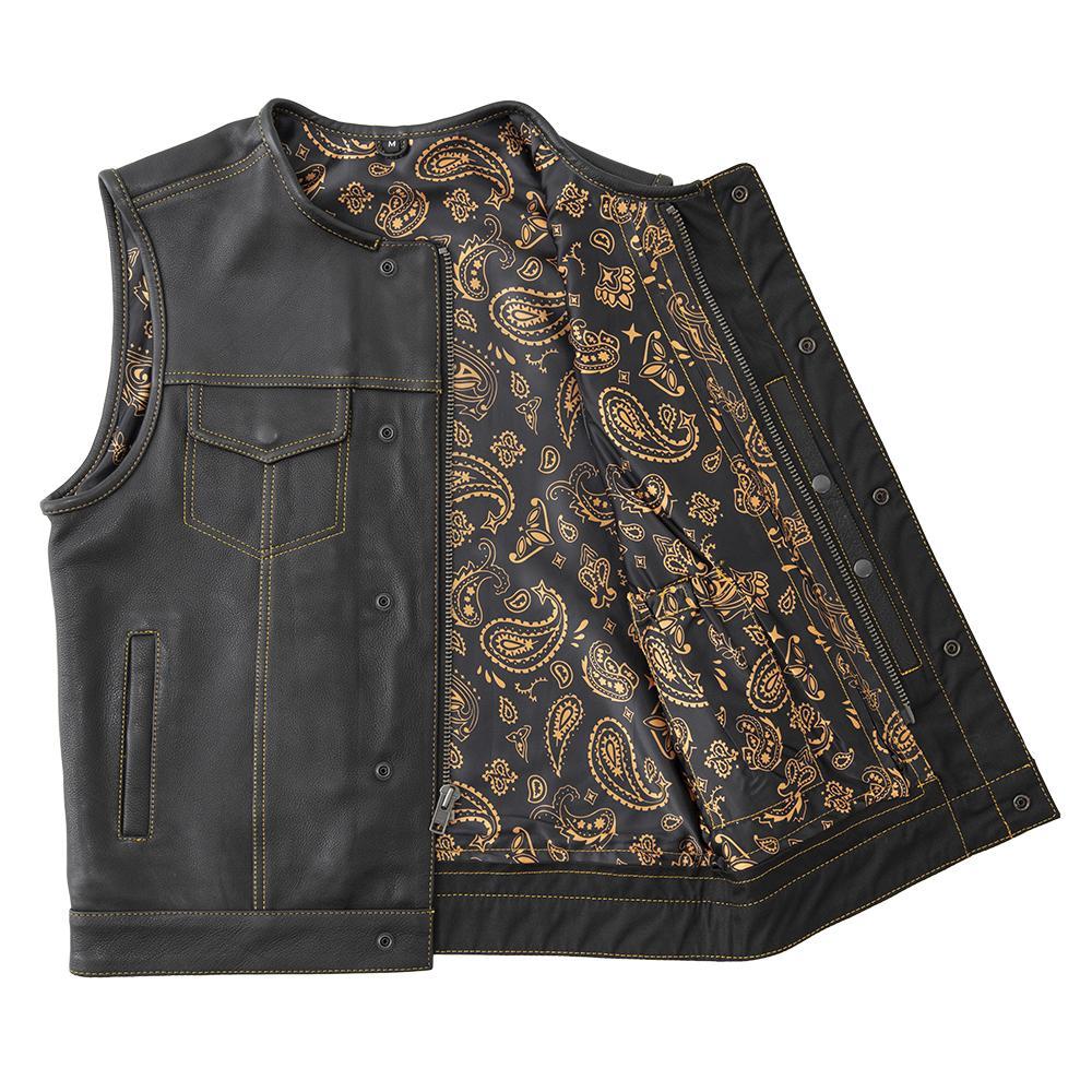 Knight Men's Club Style Leather Vest featuring diamond naked cowhide, gold paisley lining, and multiple pockets for functionality.