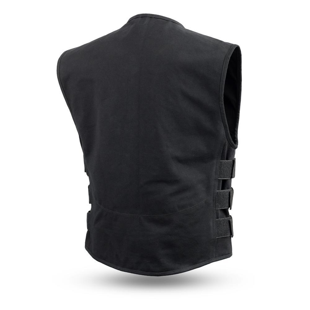 Knox Men's Motorcycle Canvas Vest in black with rolled collar and adjustable side panels, featuring multiple pockets and a stylish design.