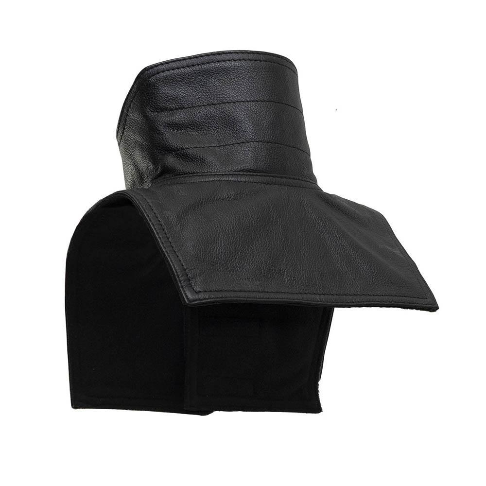 A leather neck and chest warmer designed for motorcycle riders, featuring a fleece lining and integrated face mask for protection against the elements.