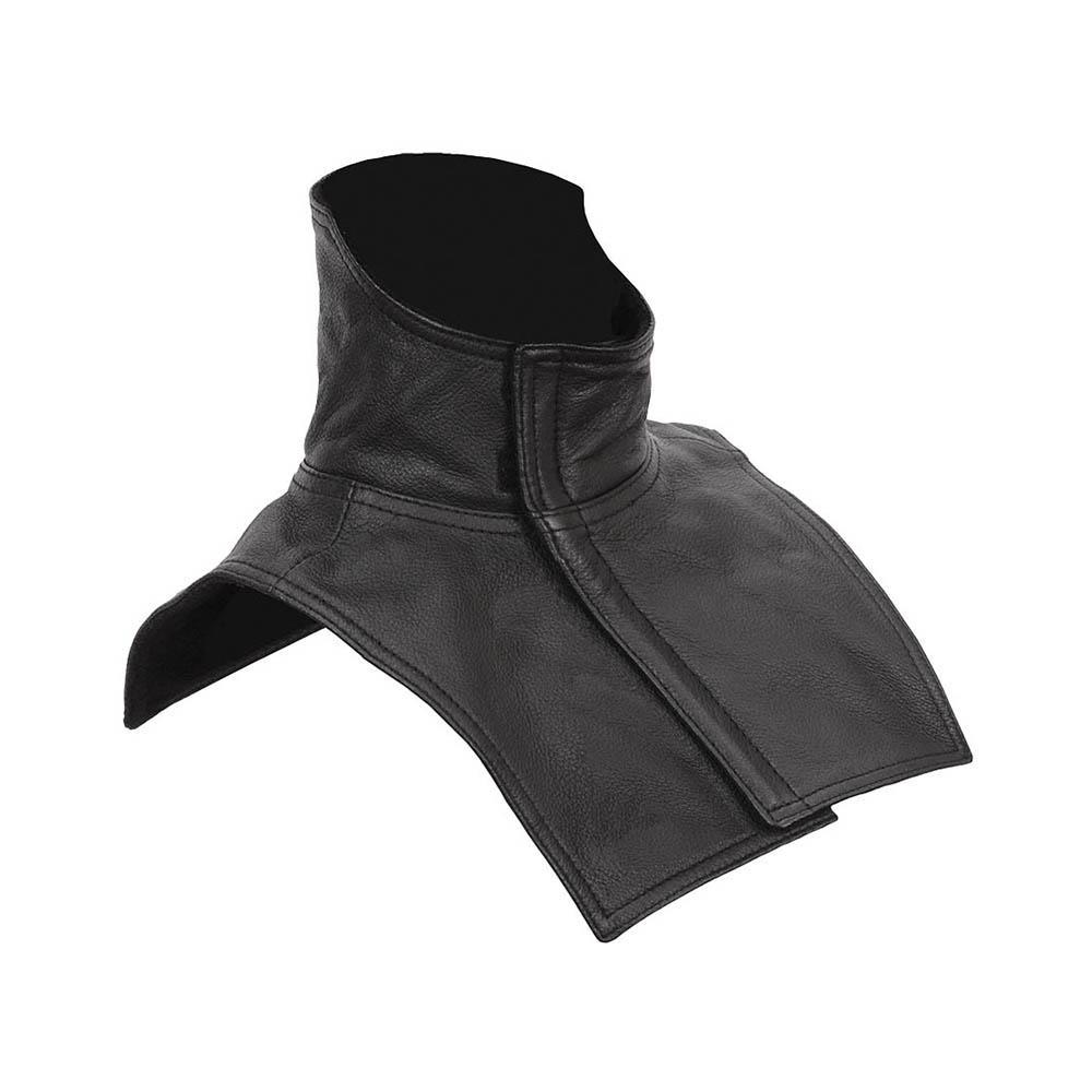 A leather neck and chest warmer designed for motorcycle riders, featuring a fleece lining and integrated face mask for protection against the elements.