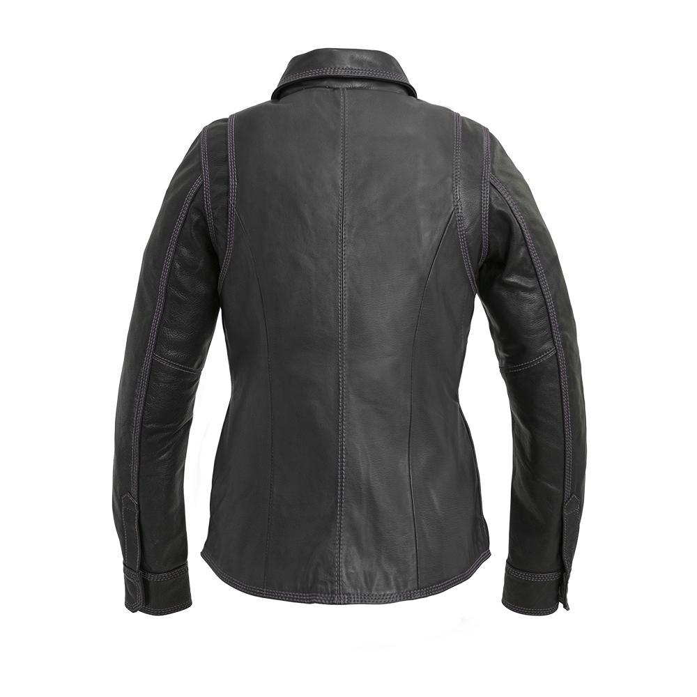 Leela Women's Motorcycle Lightweight Leather Shirt in black, featuring hidden snaps and stylish design, perfect for riders.