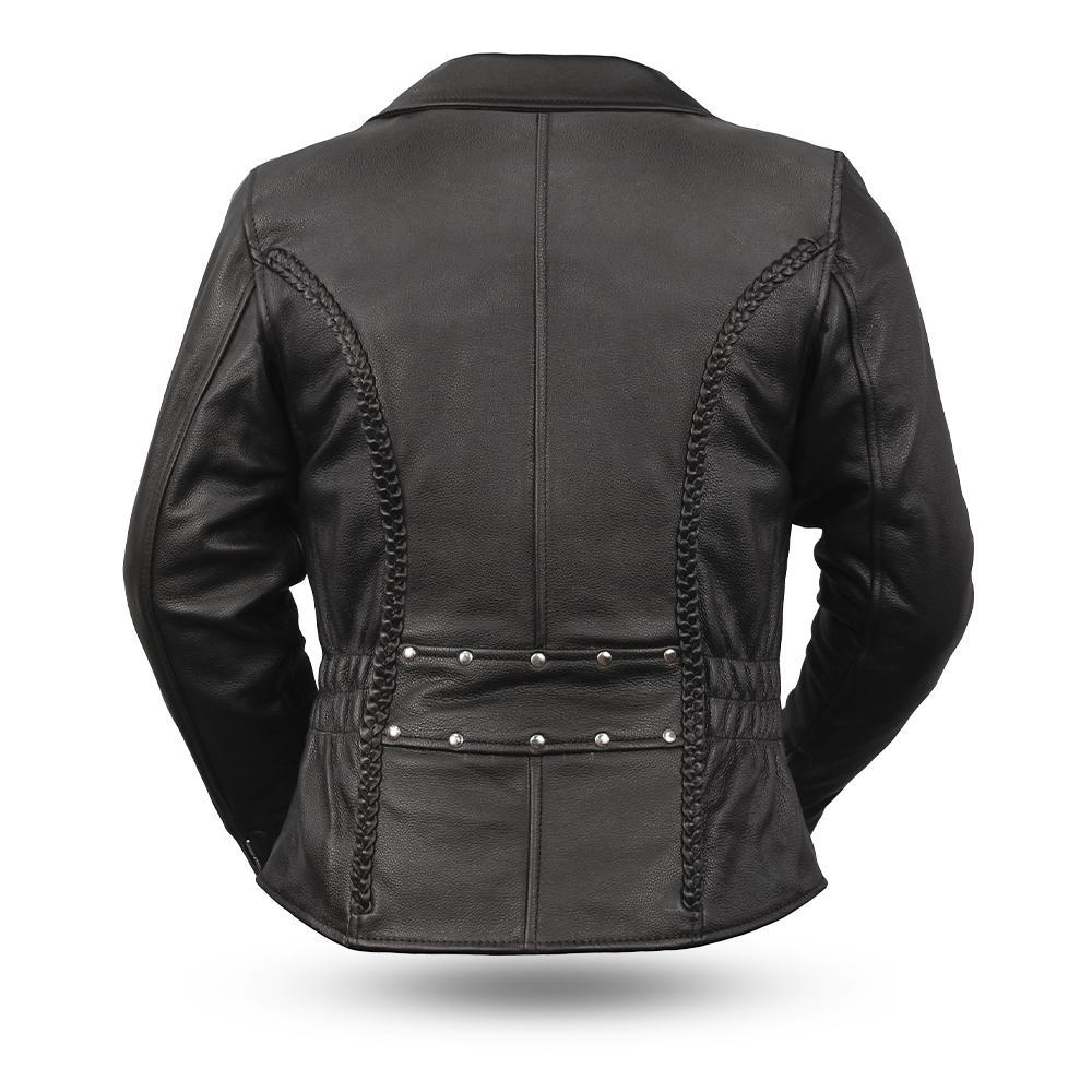 Lexy Women's Motorcycle Leather Jacket made of genuine cowhide leather with rivet details and asymmetrical zipper.