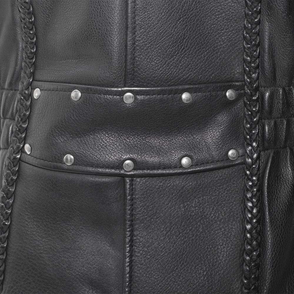 Lexy Women's Motorcycle Leather Jacket made of genuine cowhide leather with rivet details and asymmetrical zipper.