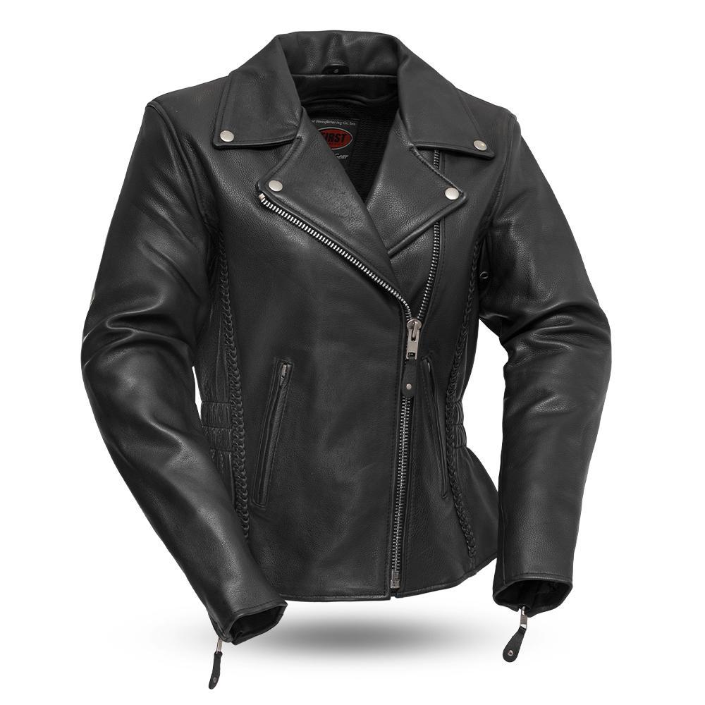 Lexy Women's Motorcycle Leather Jacket made of genuine cowhide leather with rivet details and asymmetrical zipper.