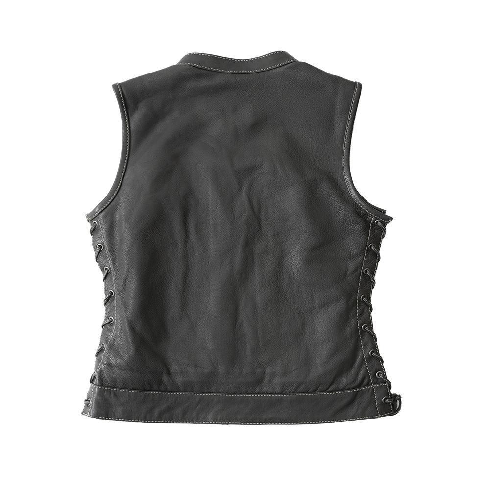 Liberty Women's Club Style Motorcycle Leather Vest in black leather with grey stitching and USA flag inner liner, featuring concealed carry pockets.