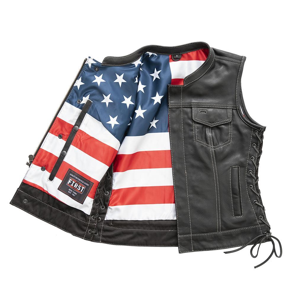 Liberty Women's Club Style Motorcycle Leather Vest in black leather with grey stitching and USA flag inner liner, featuring concealed carry pockets.