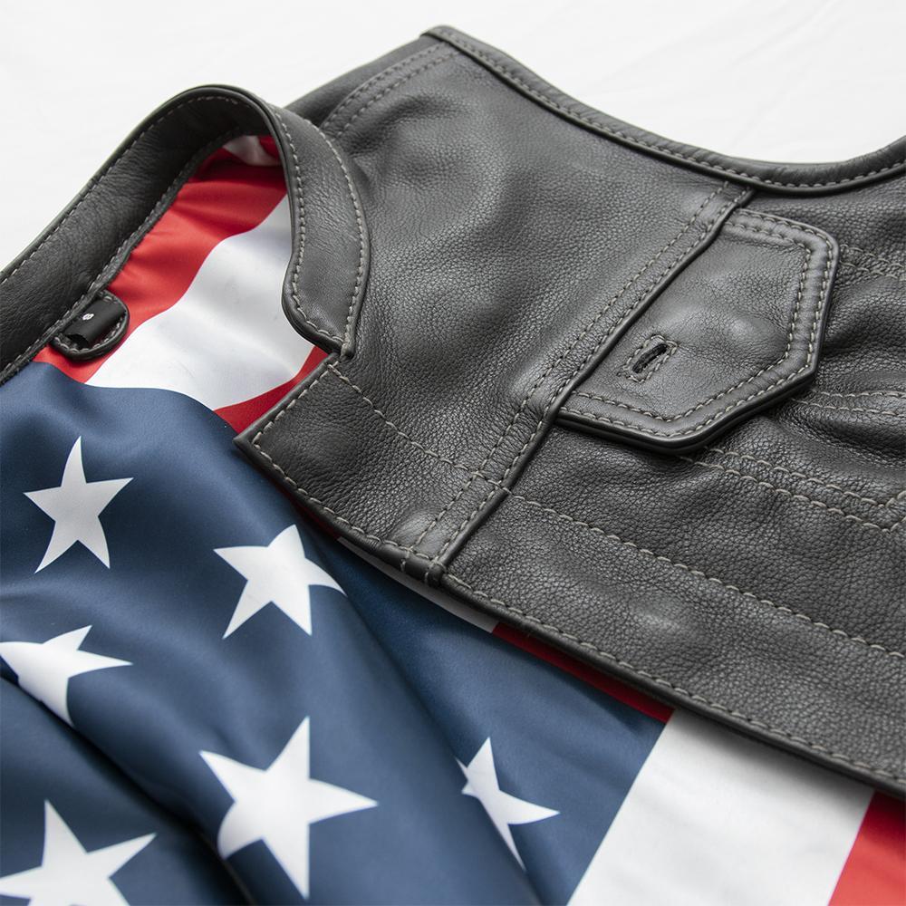 Liberty Women's Club Style Motorcycle Leather Vest in black leather with grey stitching and USA flag inner liner, featuring concealed carry pockets.