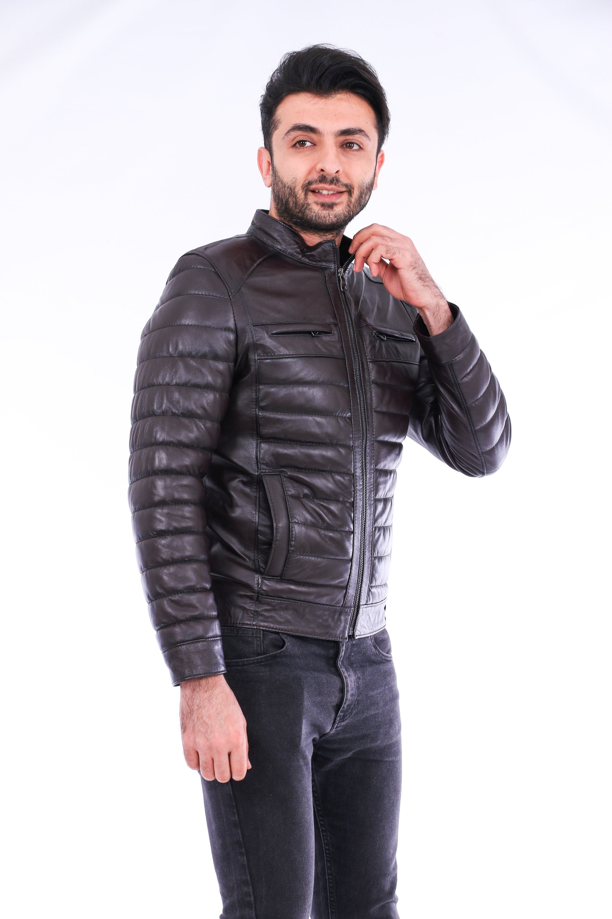 Loano Quilted Biker Jacket featuring a stylish quilted design, aniline leather finish, and polished silver-tone hardware.