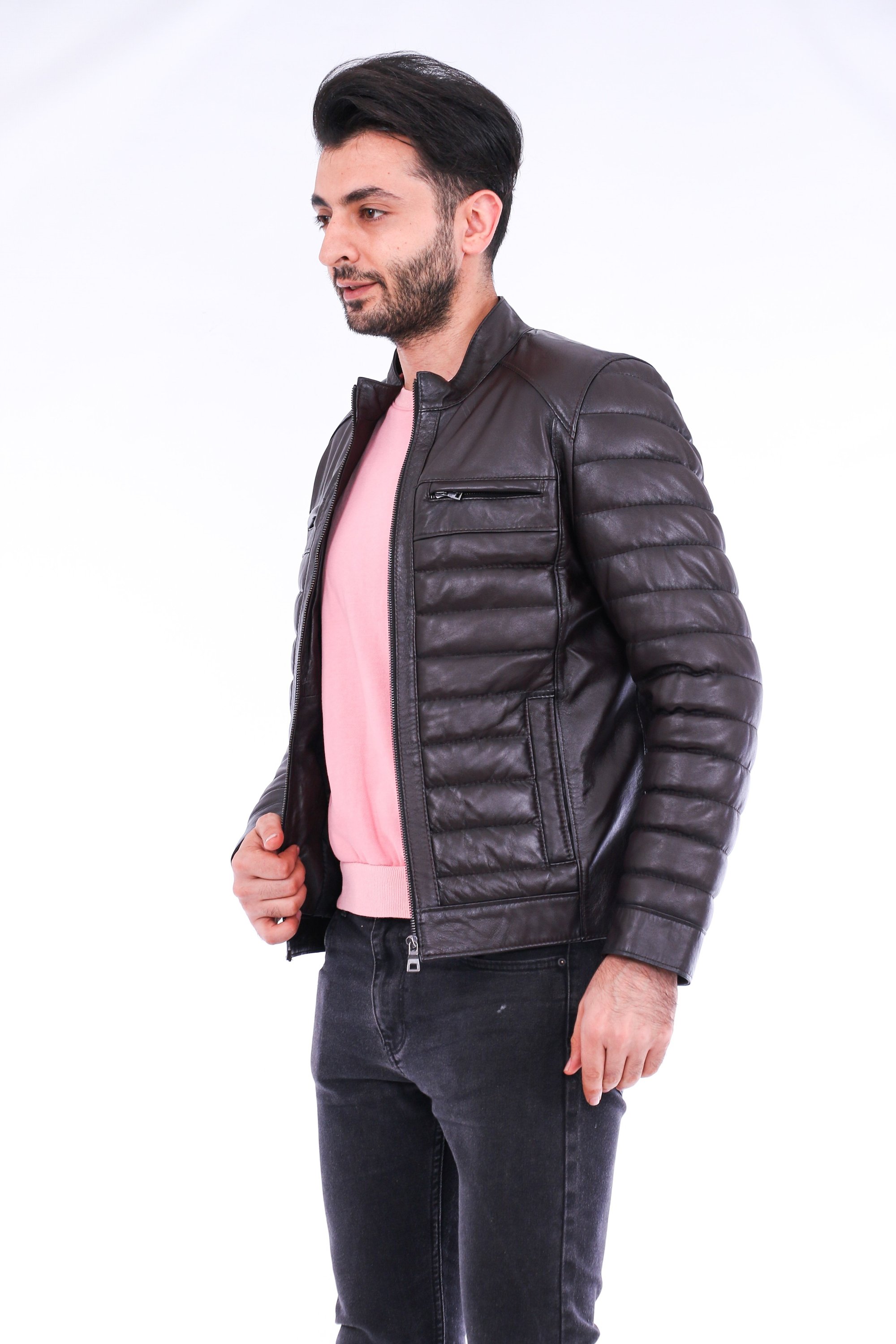 Loano Quilted Biker Jacket featuring a stylish quilted design, aniline leather finish, and polished silver-tone hardware.