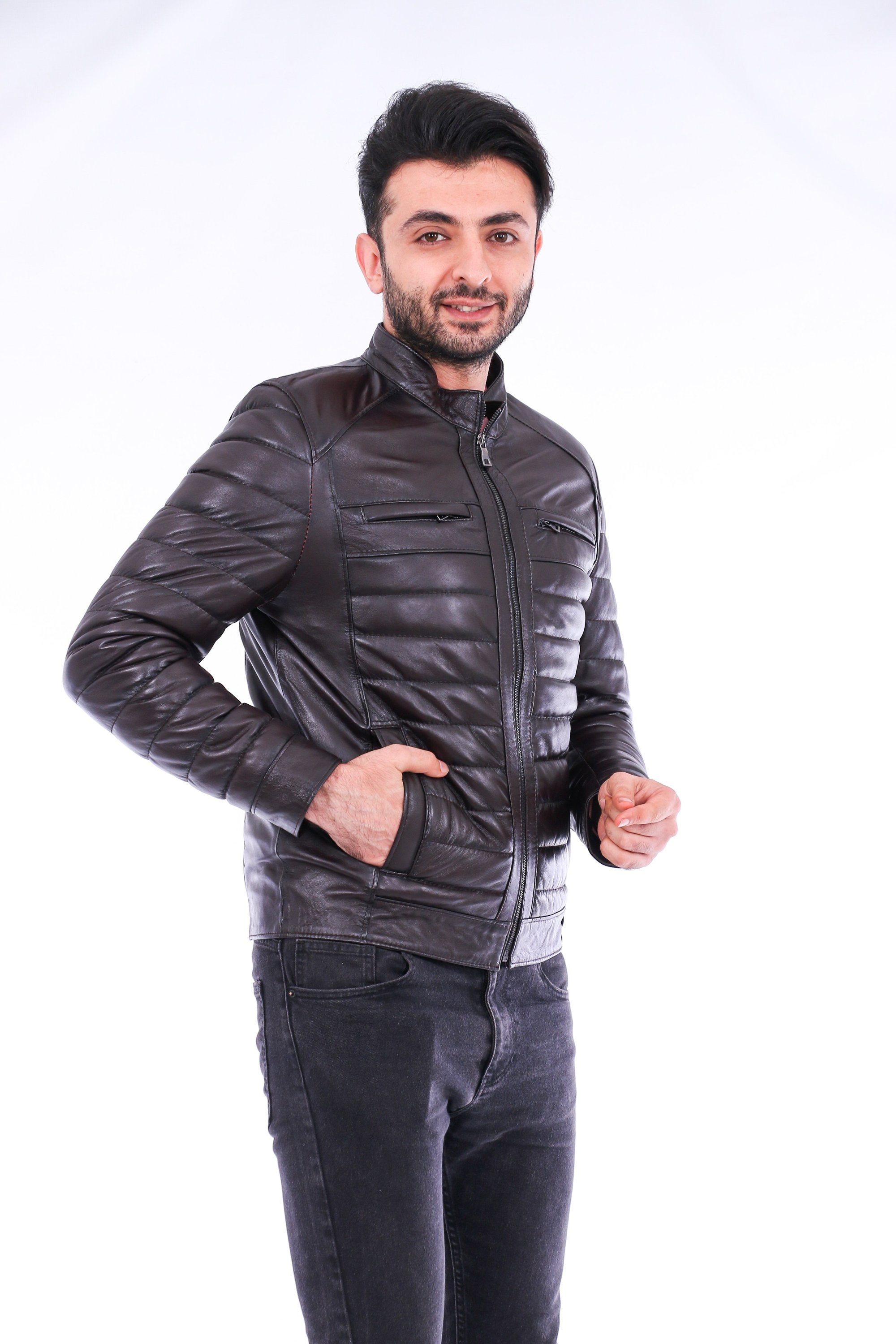 Loano Quilted Biker Jacket featuring a stylish quilted design, aniline leather finish, and polished silver-tone hardware.