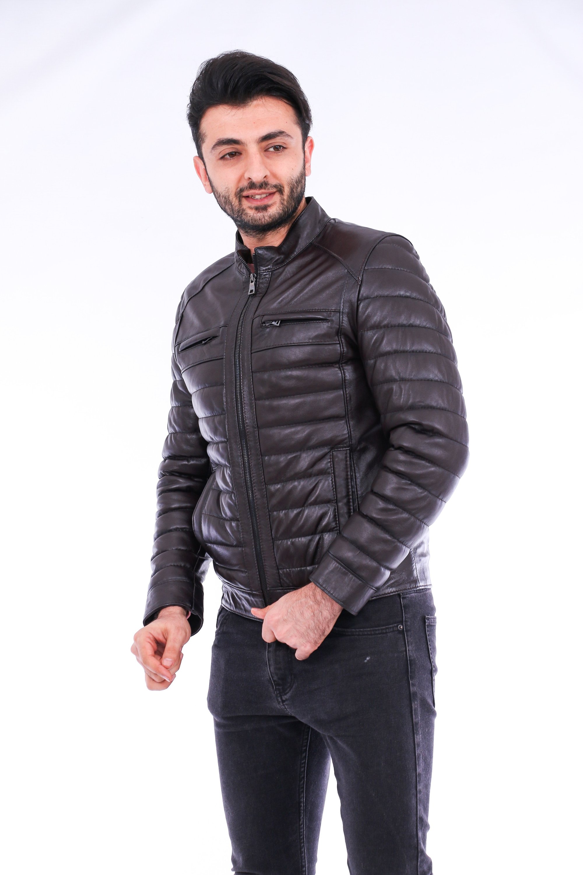 Loano Quilted Biker Jacket featuring a stylish quilted design, aniline leather finish, and polished silver-tone hardware.