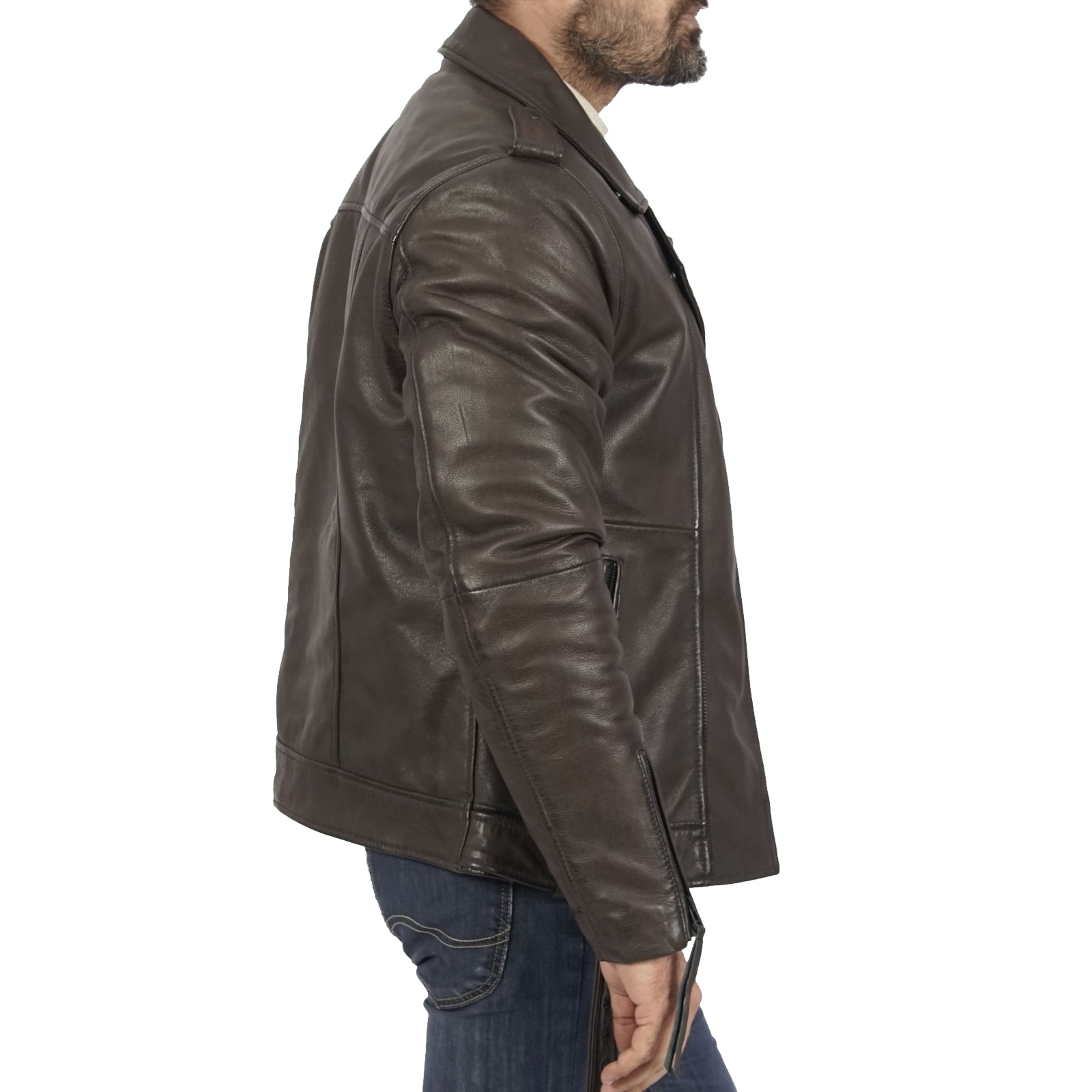 Lorenzo Comfortable Brown Leather Jacket displayed on a mannequin, showcasing its rich brown color and stylish design.