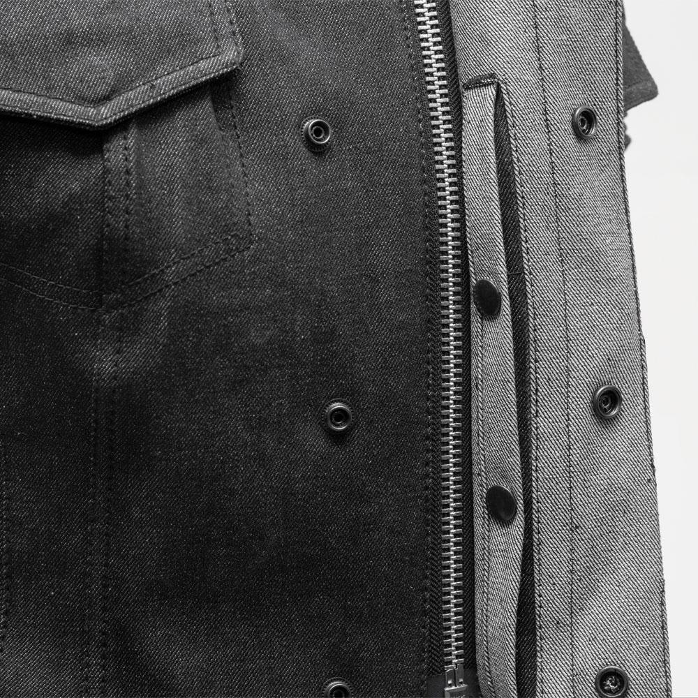 Ludlow Denim-FS jacket featuring a banded collar, covered snaps, and concealed carry pockets.