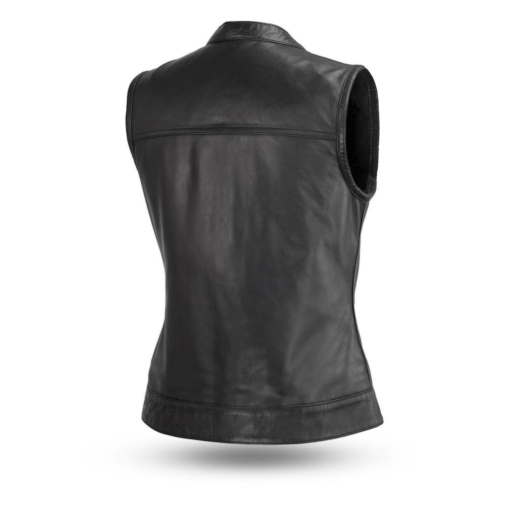 Ludlow Leather Vest made from diamond sheepskin, featuring concealed carry pockets and a stylish club design.