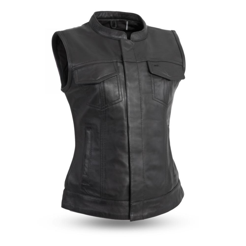 Ludlow Leather Vest made from diamond sheepskin, featuring concealed carry pockets and a stylish club design.