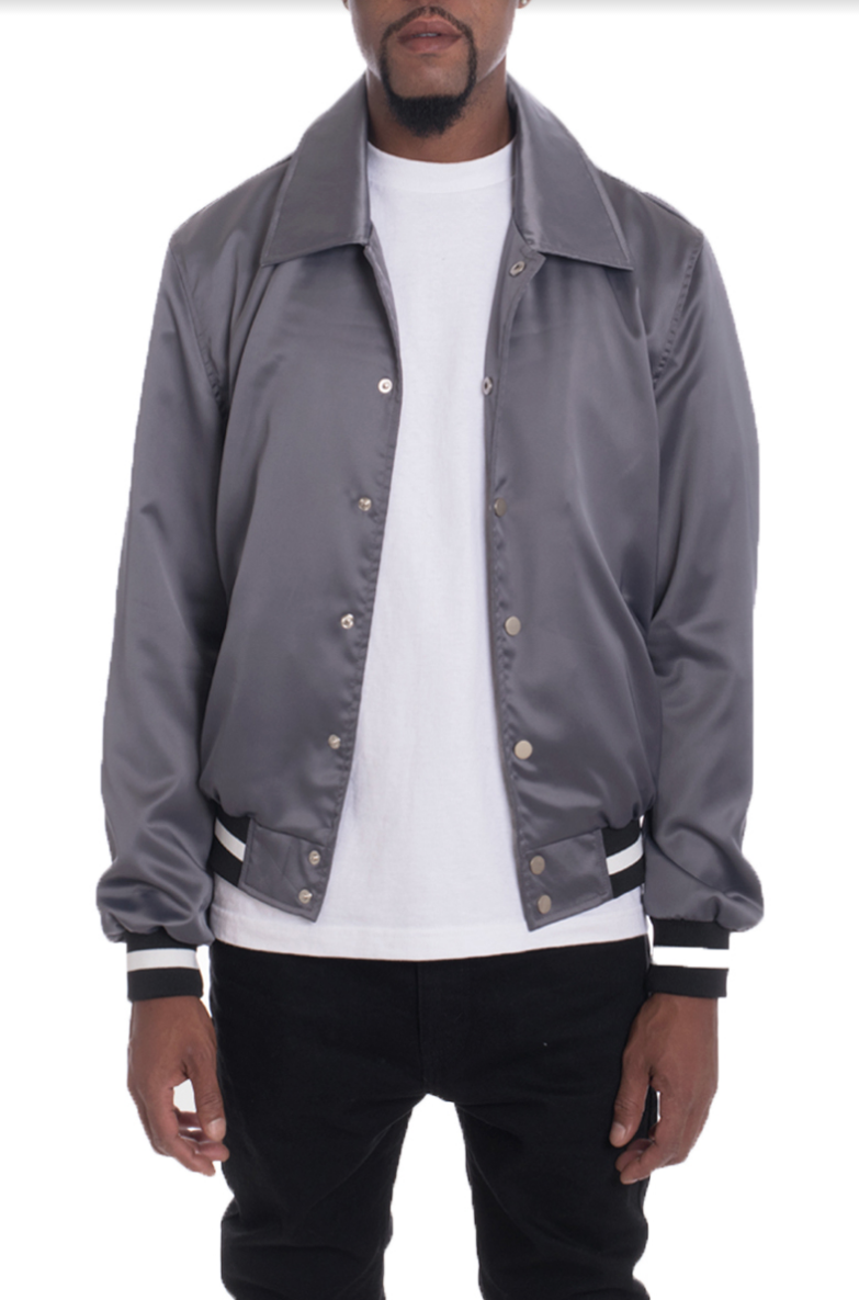 A stylish Luxe Satin Bomber jacket in a regular fit, featuring a snap button closure and an inner chest pocket, perfect for casual and dressy occasions.