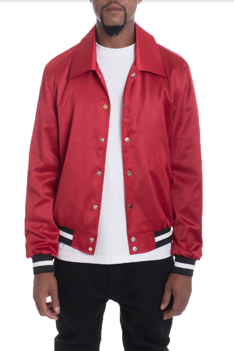 Luxe Satin Bomber jacket in a stylish design, featuring snap button closure and inner chest pocket, displayed on a model.