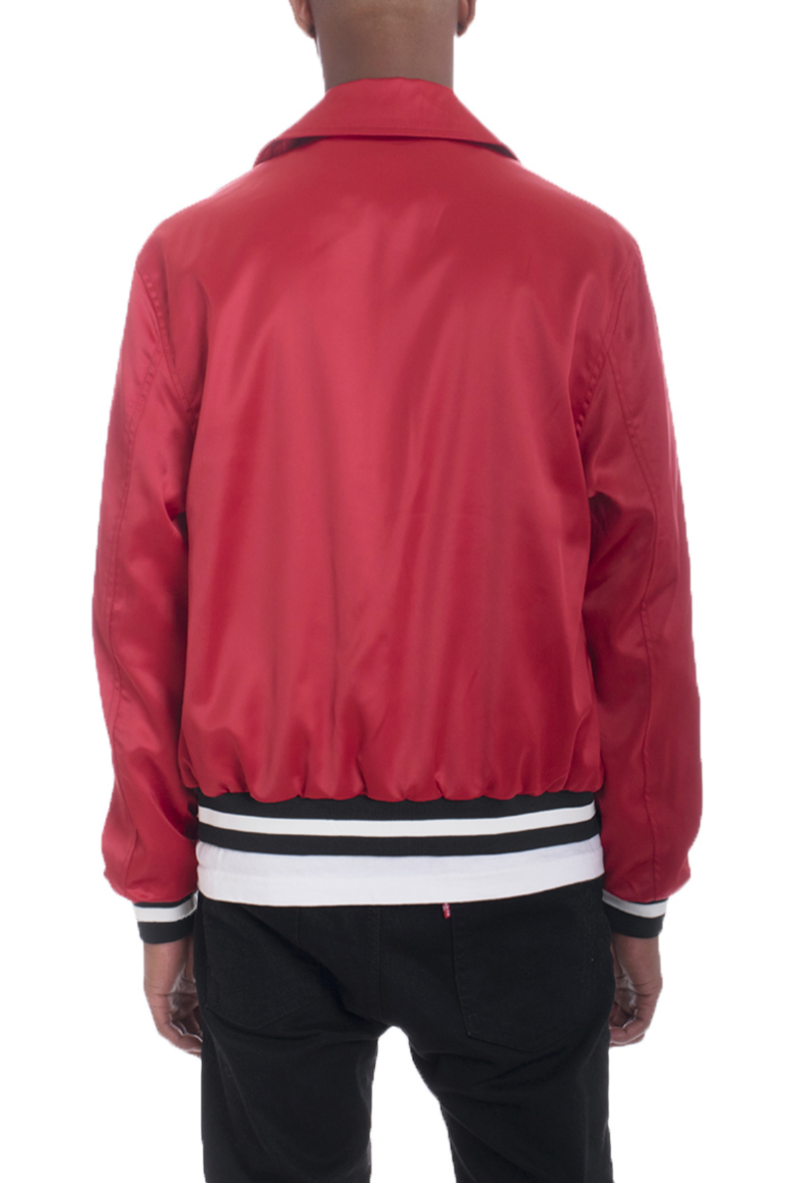 Luxe Satin Bomber jacket in a stylish design, featuring snap button closure and inner chest pocket, displayed on a model.