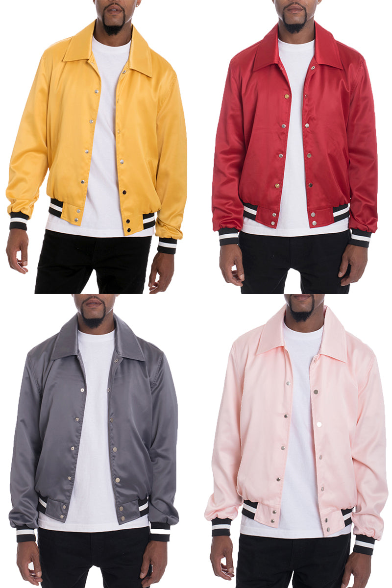 A stylish Luxe Satin Bomber jacket in a rich color, featuring a snap button closure and a single inner chest pocket, displayed on a mannequin.