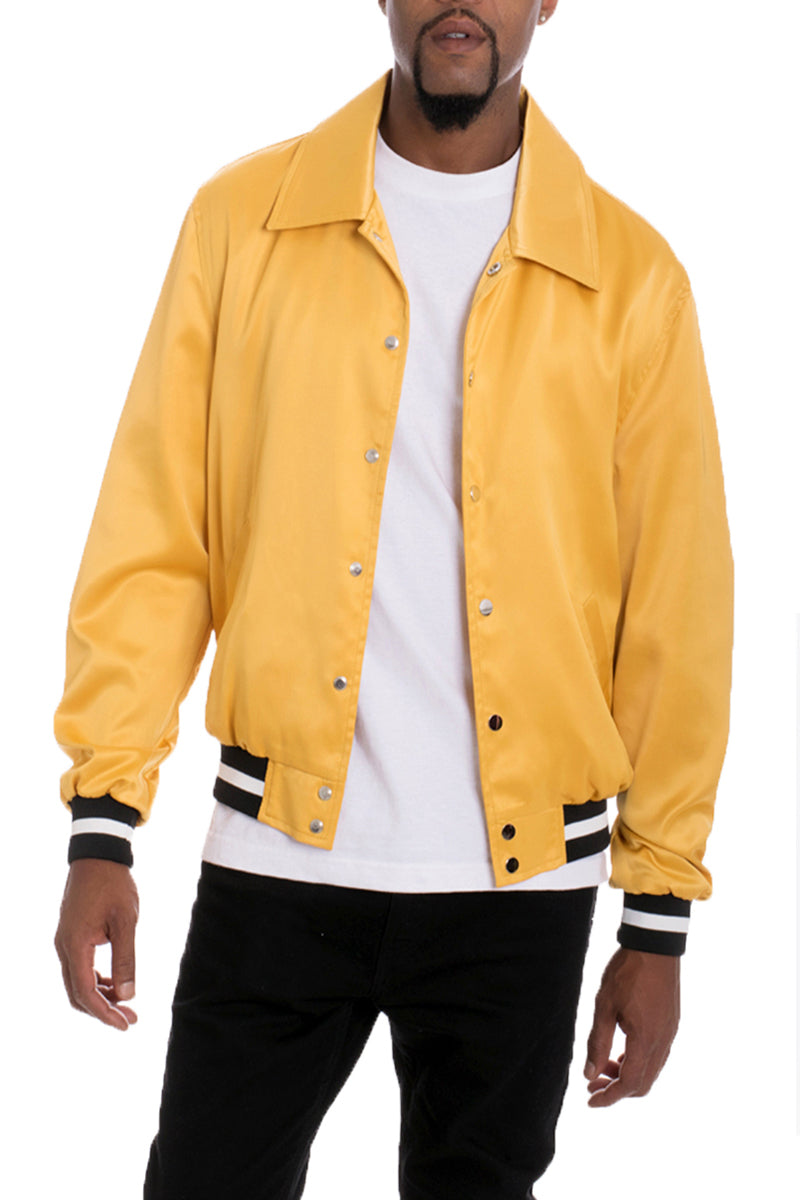 A stylish Luxe Satin Bomber jacket in a rich color, featuring a snap button closure and a single inner chest pocket, displayed on a mannequin.