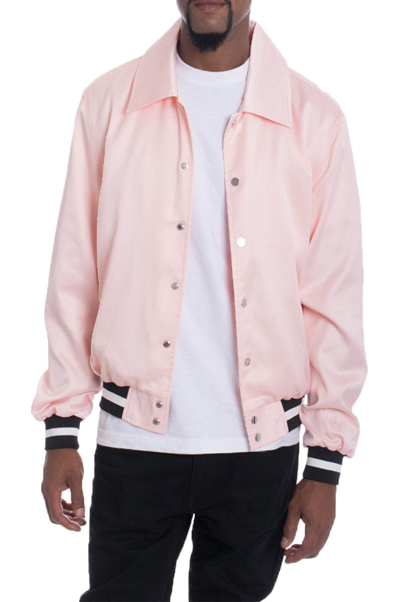 A stylish Luxe Satin Bomber jacket in a rich color, featuring a snap button closure and a single inner chest pocket, displayed on a mannequin.