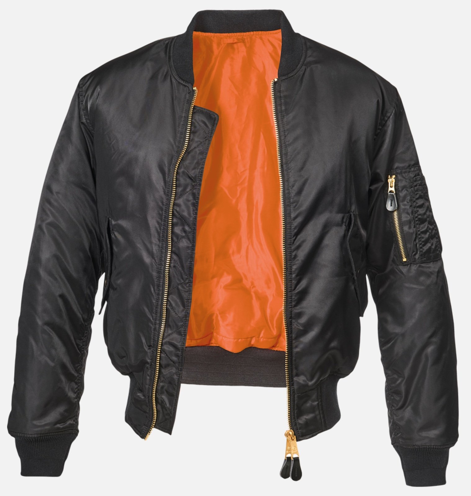 MA1 Bomber Jacket in durable nylon with orange lining, featuring side pockets and knitted cuffs.