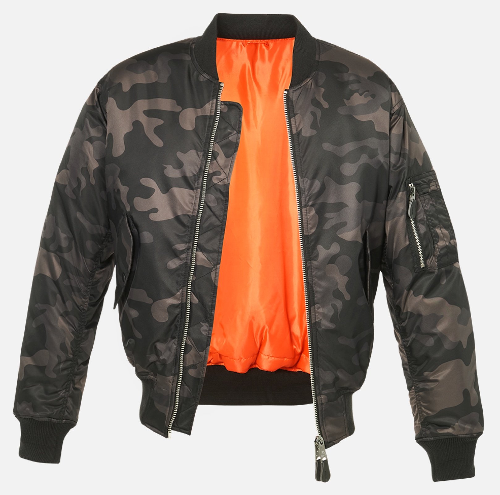 MA1 Bomber Jacket in durable nylon with orange lining, featuring side pockets and knitted cuffs.