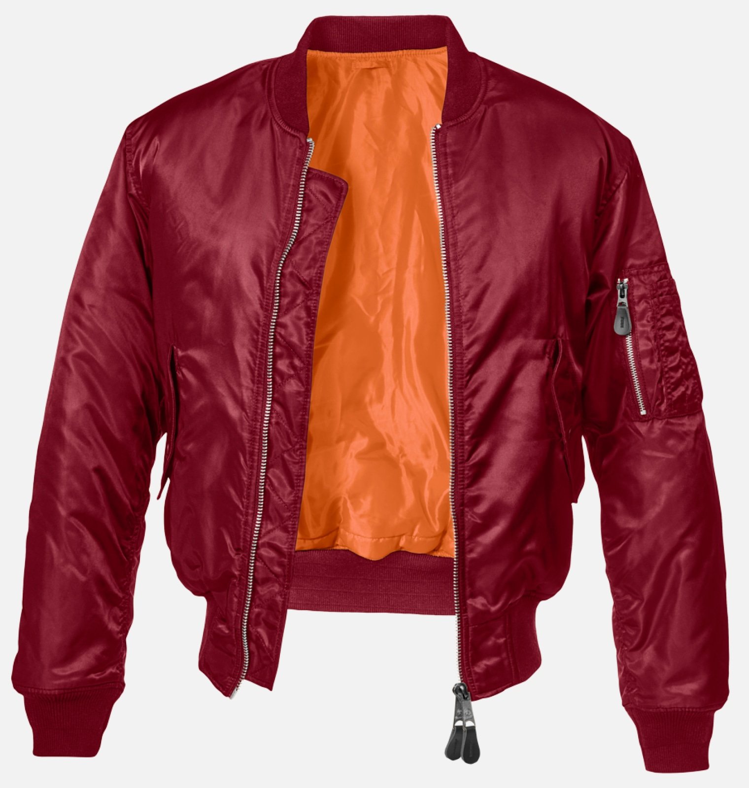 MA1 Bomber Jacket in durable nylon with orange lining, featuring side pockets and knitted cuffs.