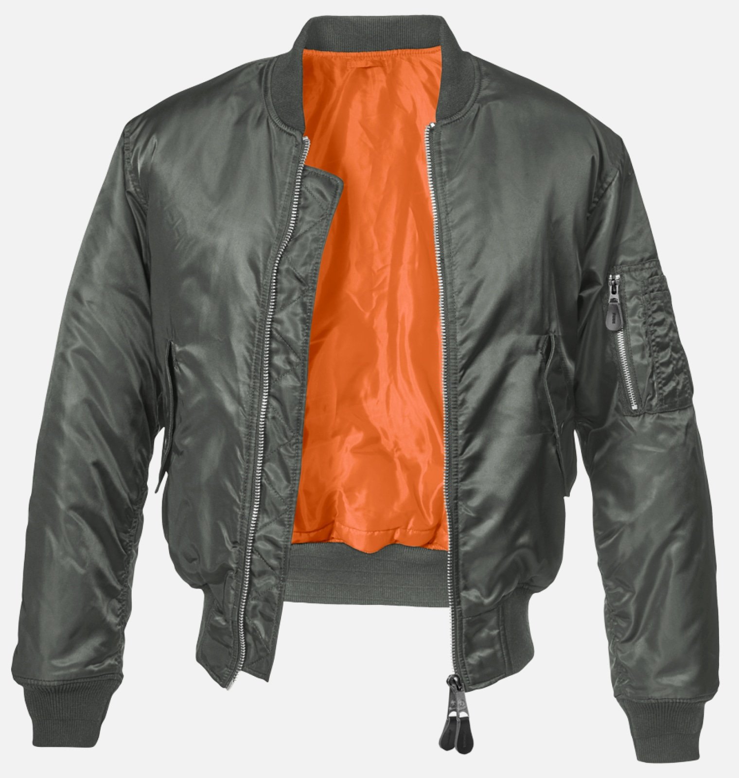 MA1 Bomber Jacket in durable nylon with orange lining, featuring side pockets and knitted cuffs.