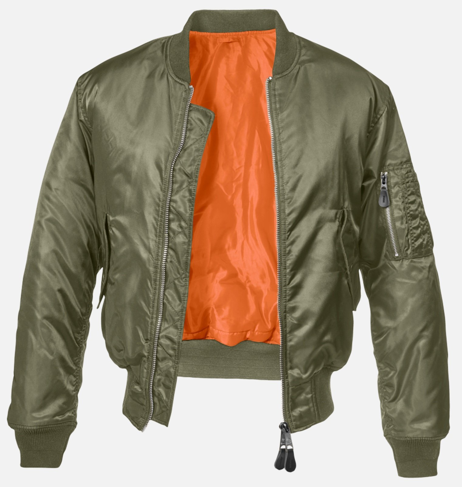 MA1 Bomber Jacket in durable nylon with orange lining, featuring side pockets and knitted cuffs.