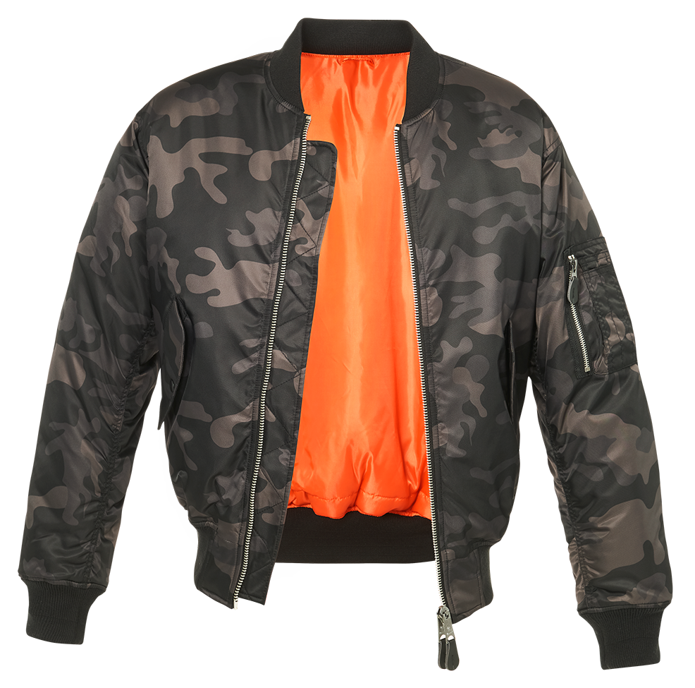 MA1 Camo Jacket featuring a durable nylon exterior, wind and water repellent design, and multiple pockets for functionality.