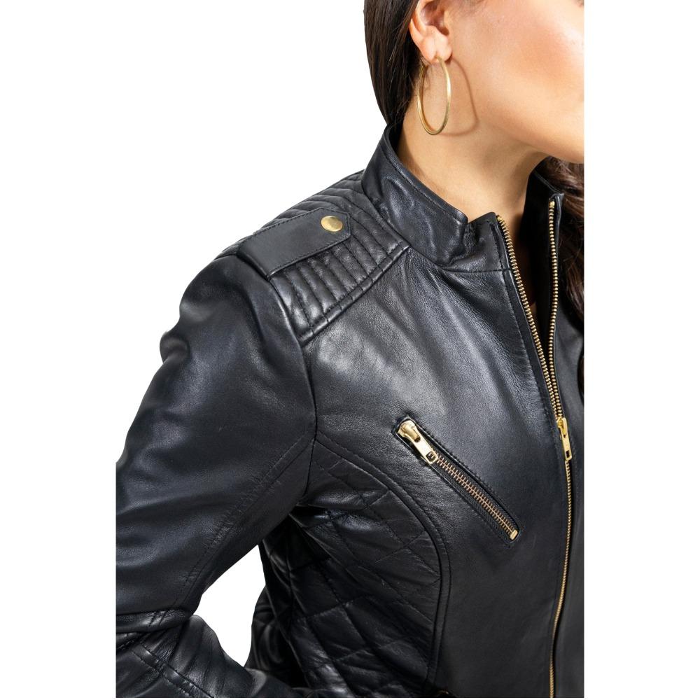 Madelin black lambskin leather jacket featuring diamond-quilted accents and gold hardware, showcasing an edgy moto style.