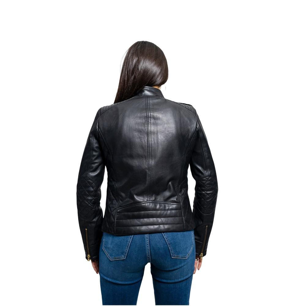 Madelin black lambskin leather jacket featuring diamond-quilted accents and gold hardware, showcasing an edgy moto style.