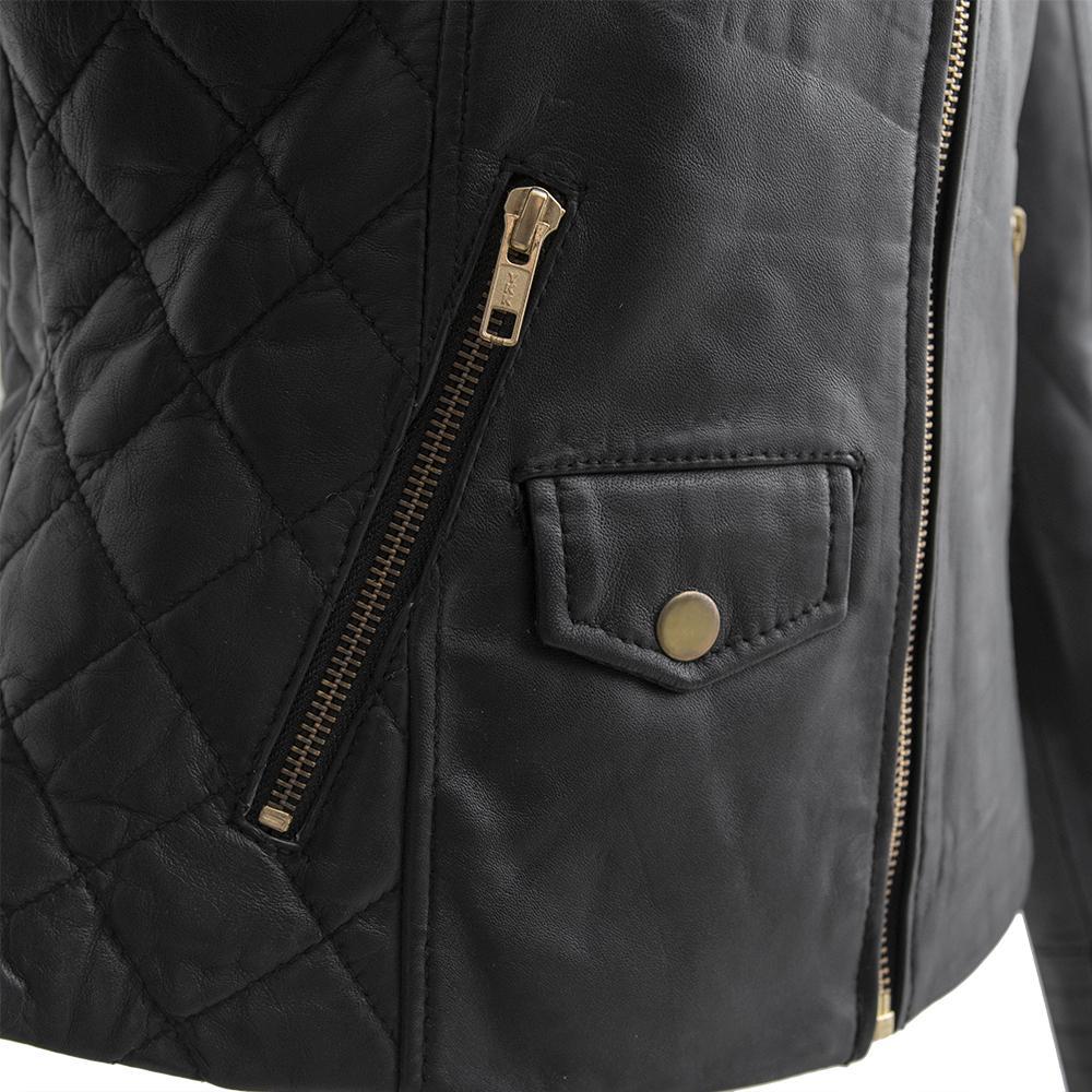 Madelin black lambskin leather jacket featuring diamond-quilted accents and gold hardware, showcasing an edgy moto style.