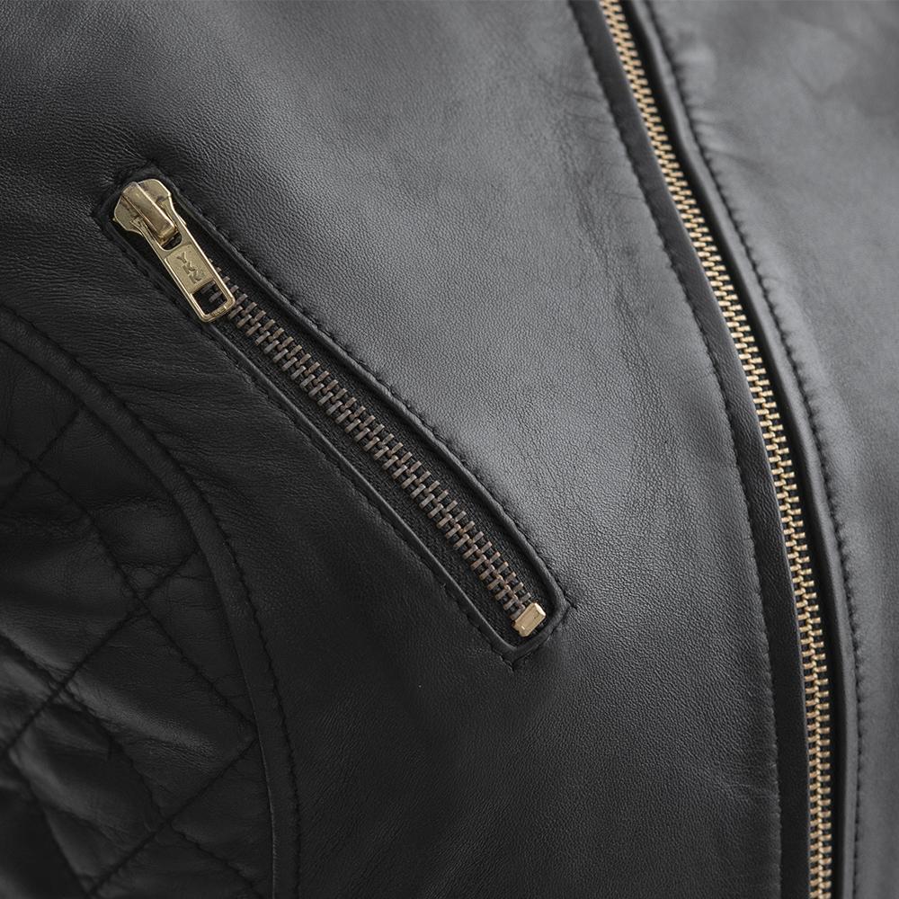 Madelin black lambskin leather jacket featuring diamond-quilted accents and gold hardware, showcasing an edgy moto style.