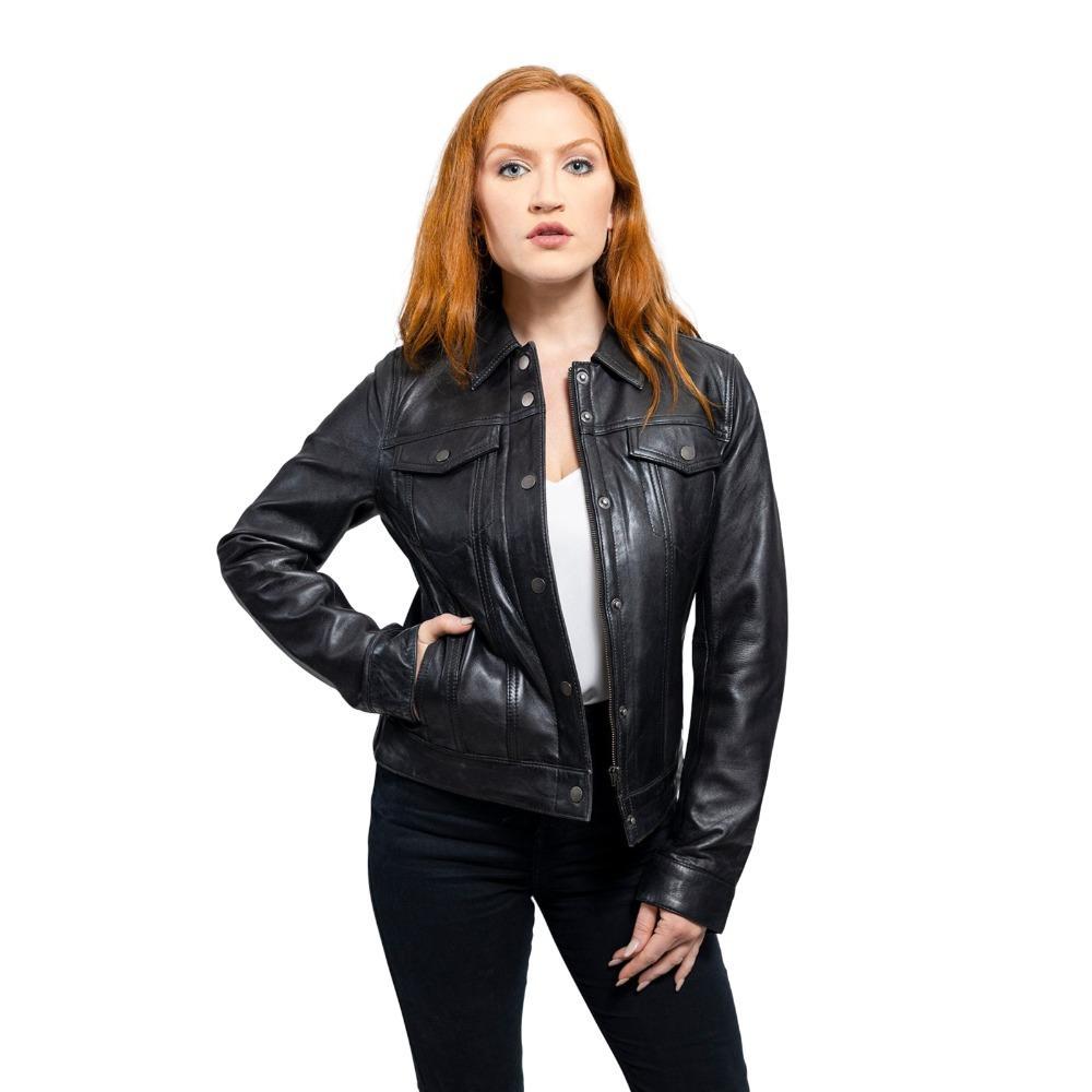 Madison lambskin leather jacket in distressed style with button front and four pockets, perfect for stylish layering.