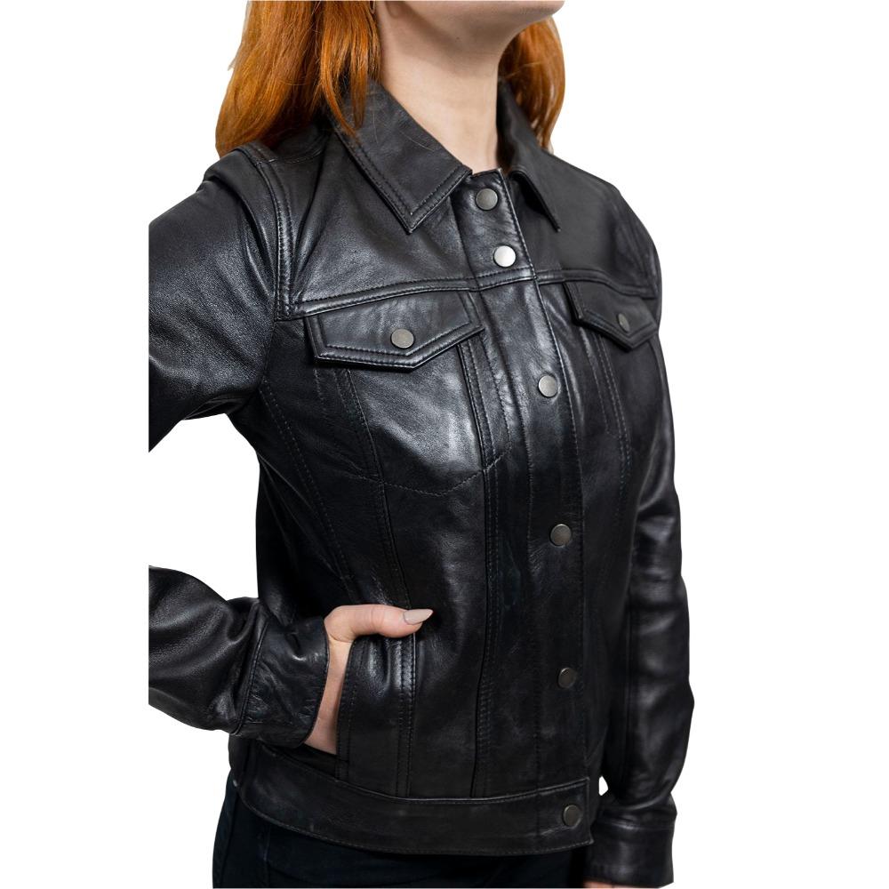 Madison lambskin leather jacket in distressed style with button front and four pockets, perfect for stylish layering.