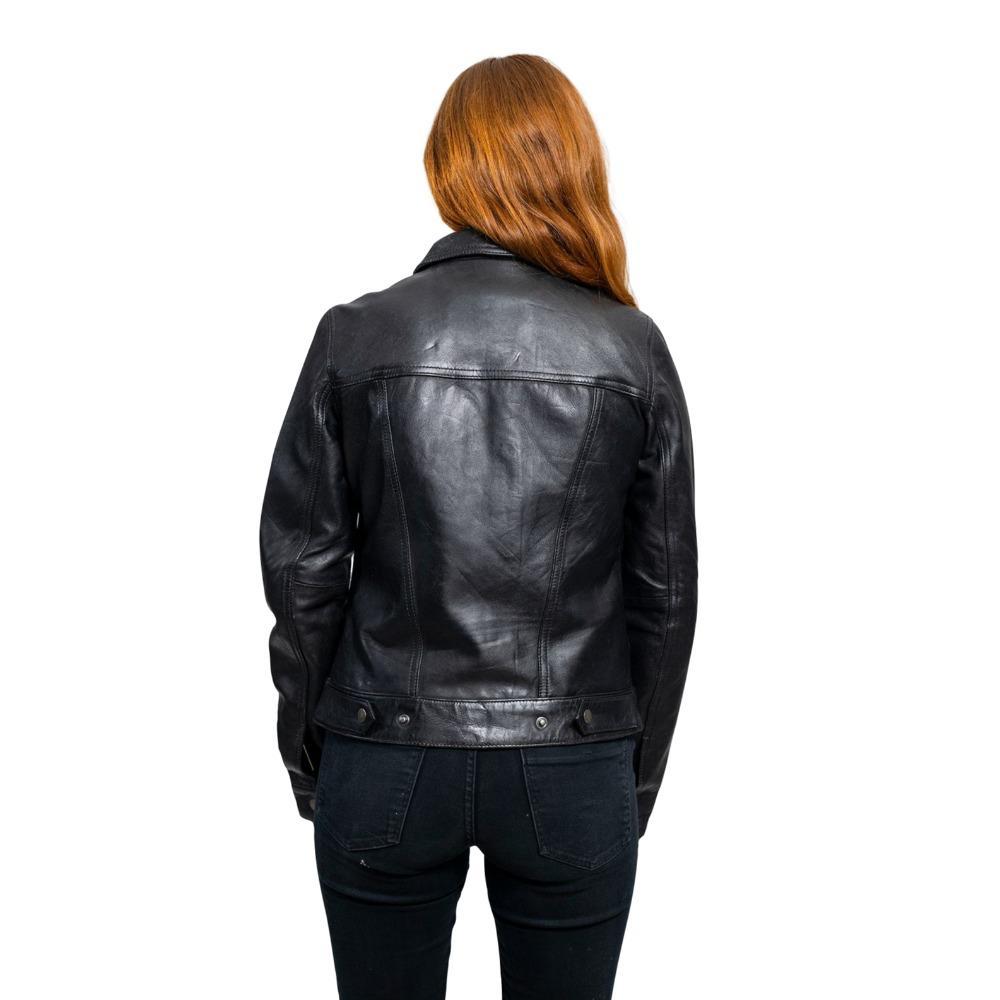 Madison lambskin leather jacket in distressed style with button front and four pockets, perfect for stylish layering.