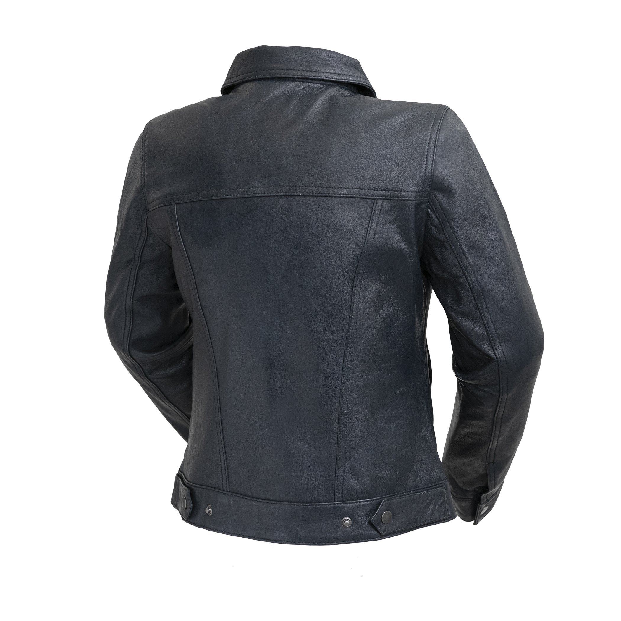 Madison Women's Leather Jacket in distressed lambskin leather with button front and multiple pockets.