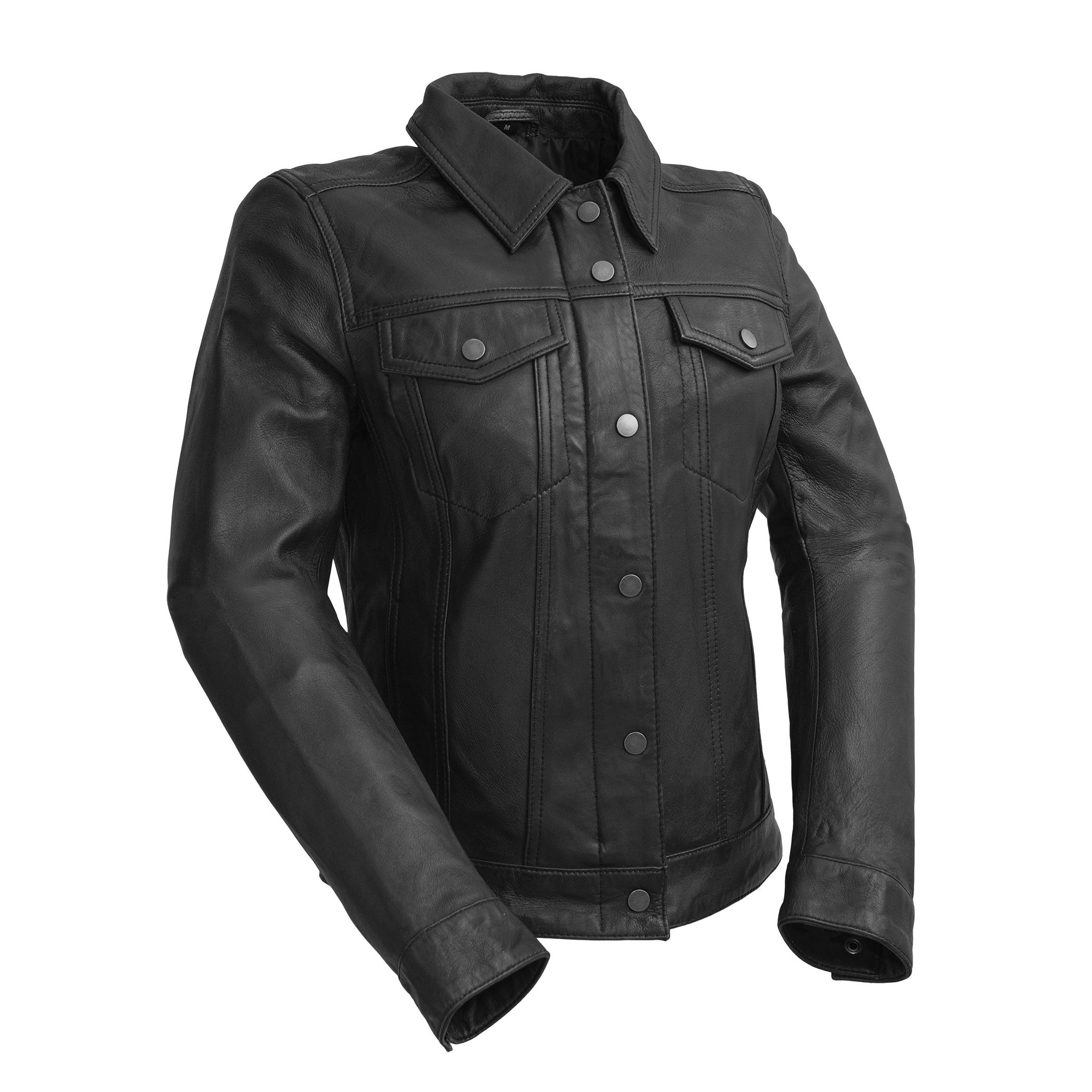 Madison Women's Leather Jacket in distressed lambskin leather with button front and multiple pockets.