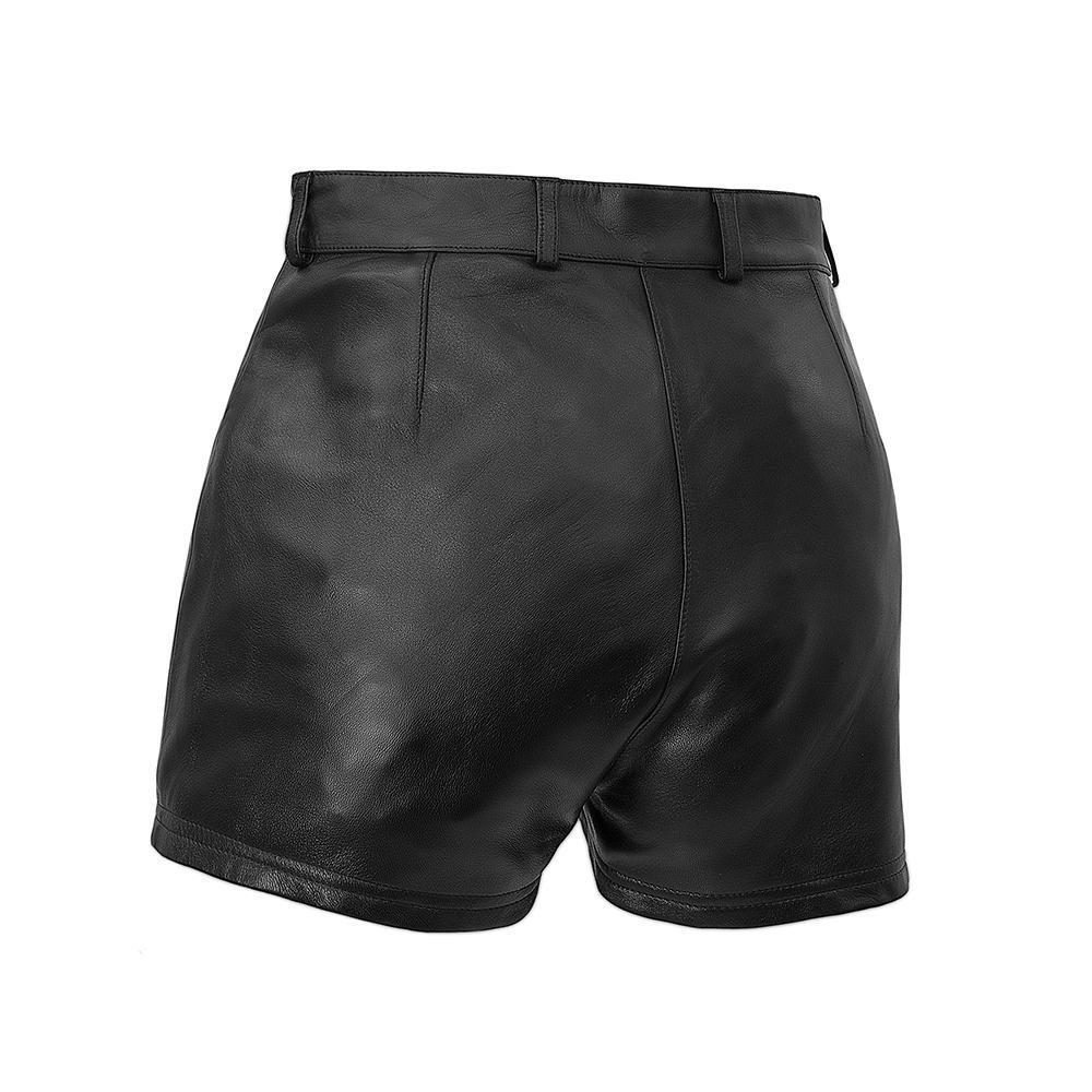 Maleni Women's Leather Shorts in genuine sheepskin leather, featuring a high-waisted slim fit design with front pockets and button closure.