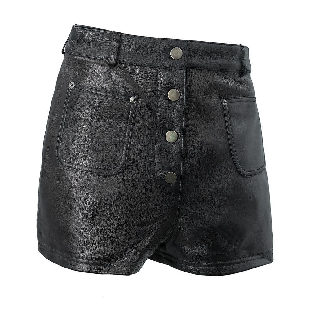 Maleni Women's Leather Shorts in genuine sheepskin leather, featuring a high-waisted slim fit design with front pockets and button closure.