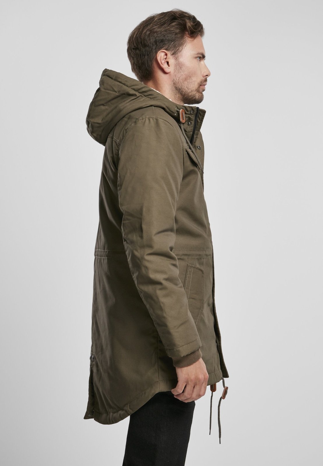 Marsh Lake Parka Jacket featuring a fishtail design, quilted lining, and leather applications, perfect for winter wear.