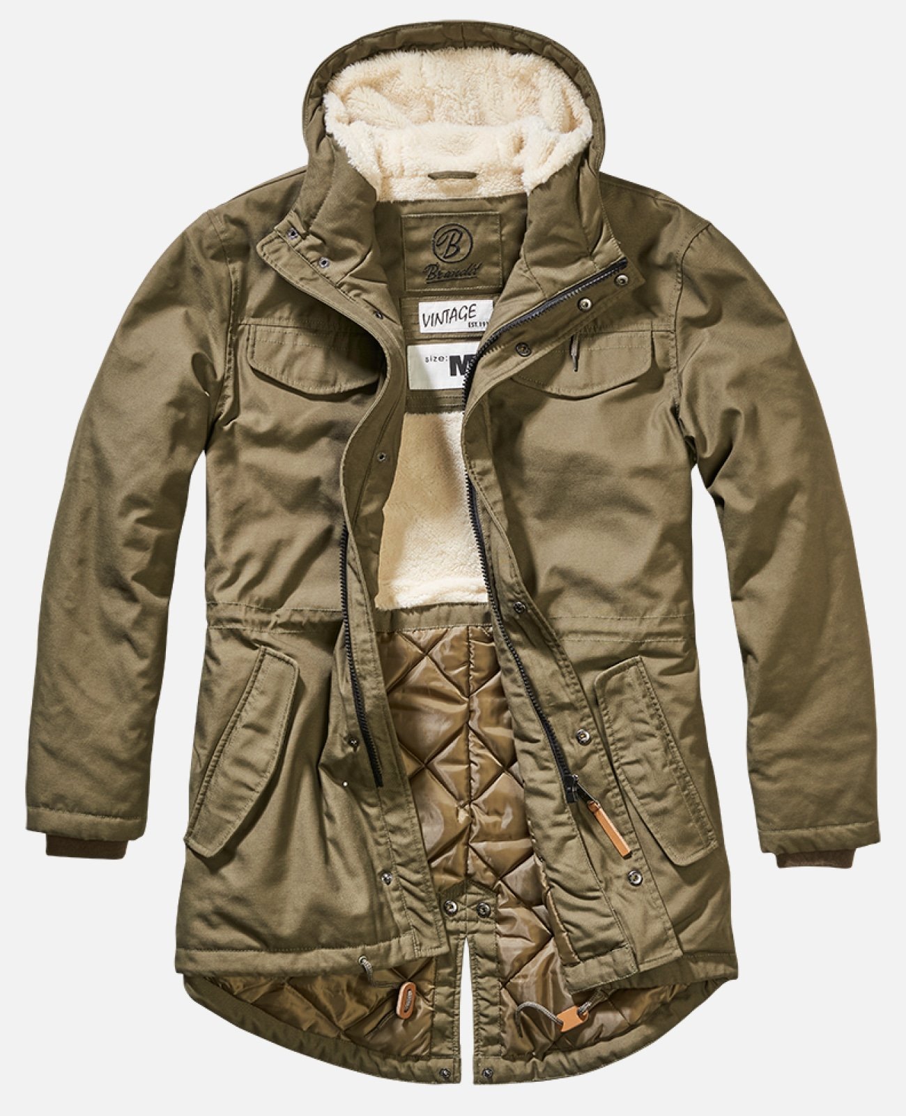 Marsh Lake Parka Jacket featuring a fishtail design, quilted lining, and leather applications, perfect for winter wear.