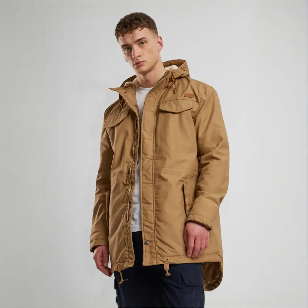 Marsh Lake Parka Jacket featuring a fishtail design, quilted lining, and leather applications, perfect for winter wear.