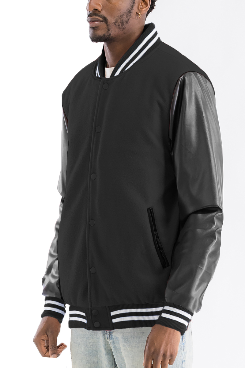 Melton Varsity Letterman Jacket featuring a polyester blended body and PU sleeves, showcasing a classic collegiate style with snap button closure.