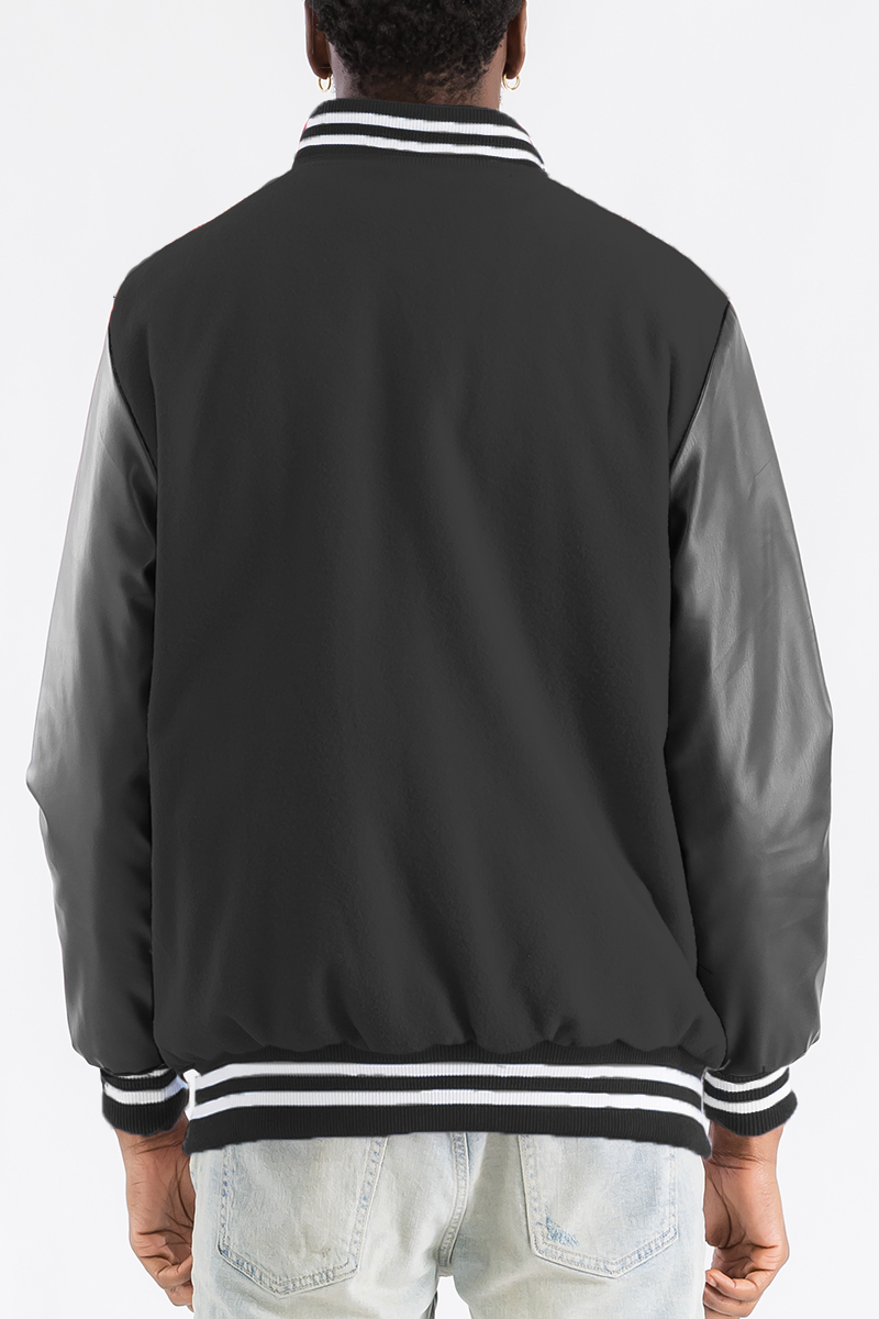 Melton Varsity Letterman Jacket featuring a polyester blended body and PU sleeves, showcasing a classic collegiate style with snap button closure.